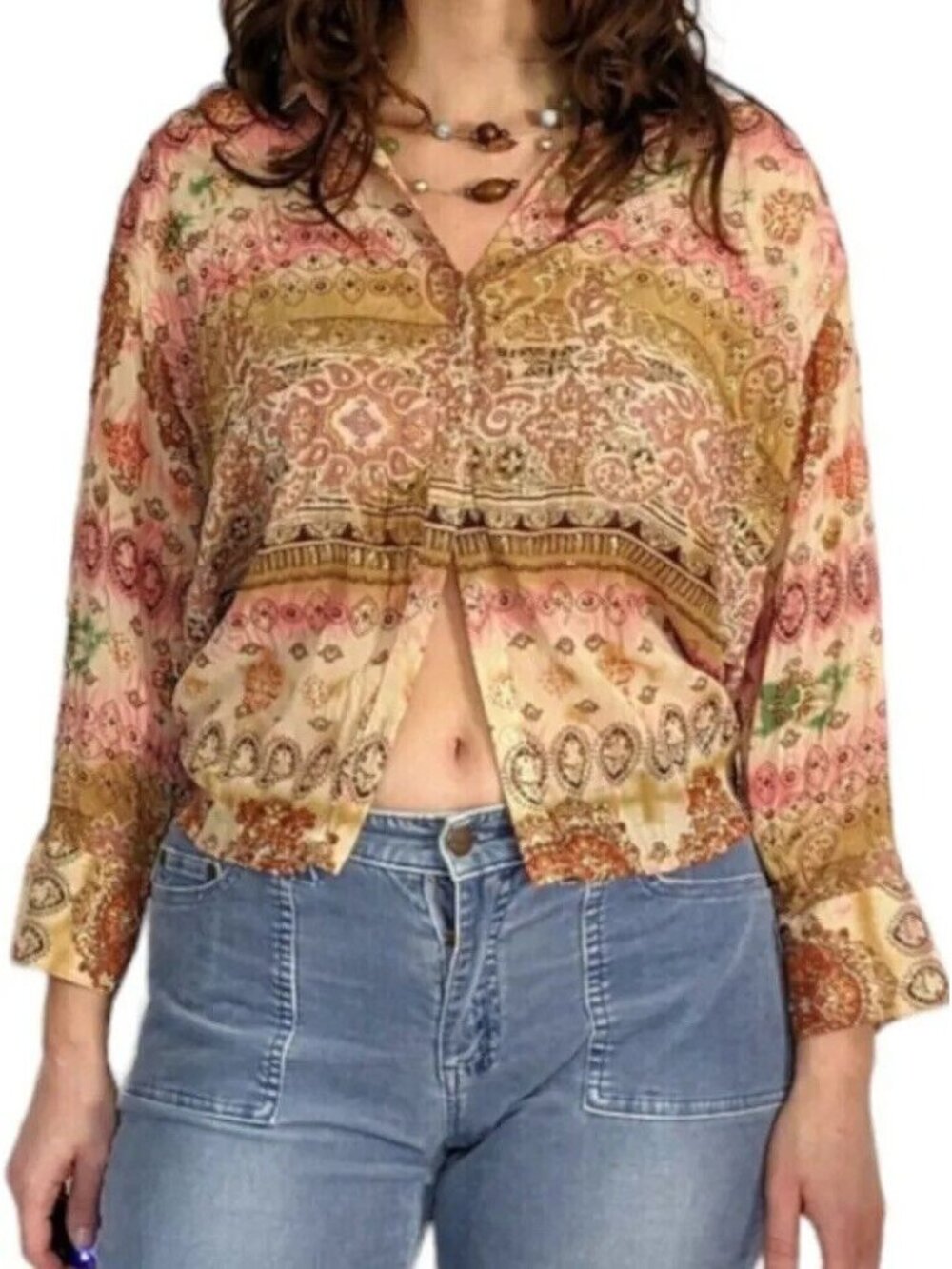 Essentials Bohemian Translucent Blouse Size L Beige Paisley Golden Threads